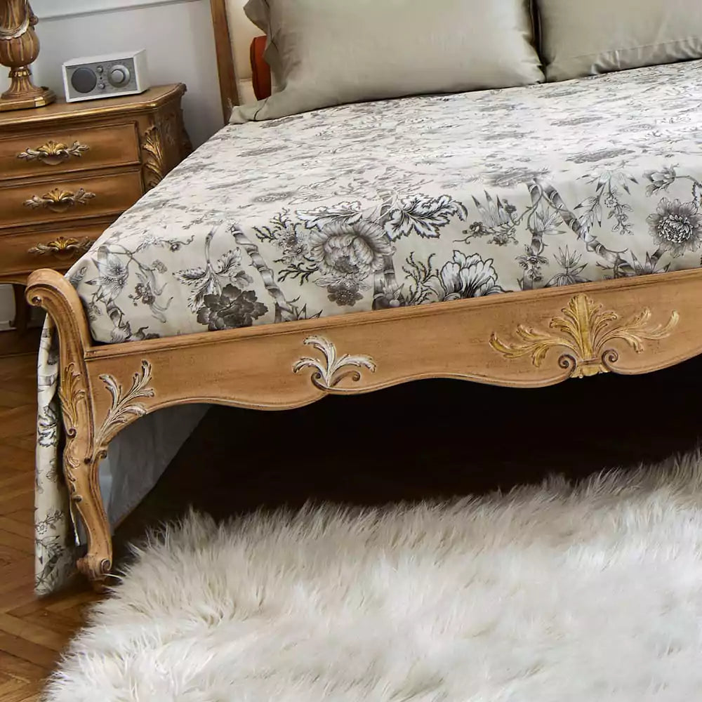 Regal Designer Bed with Hand-Carved Wooden Frame
