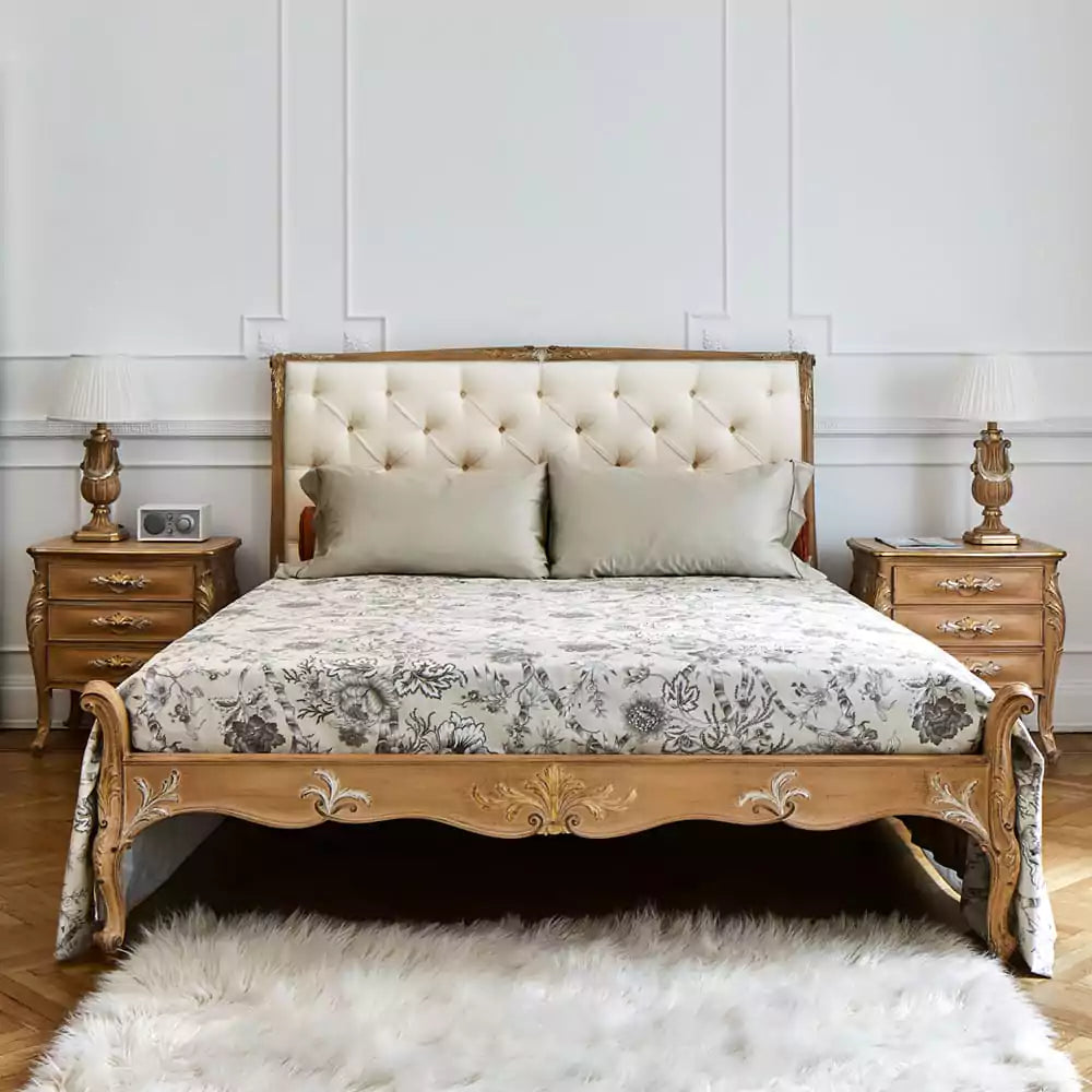 Regal Designer Bed with Hand-Carved Wooden Frame