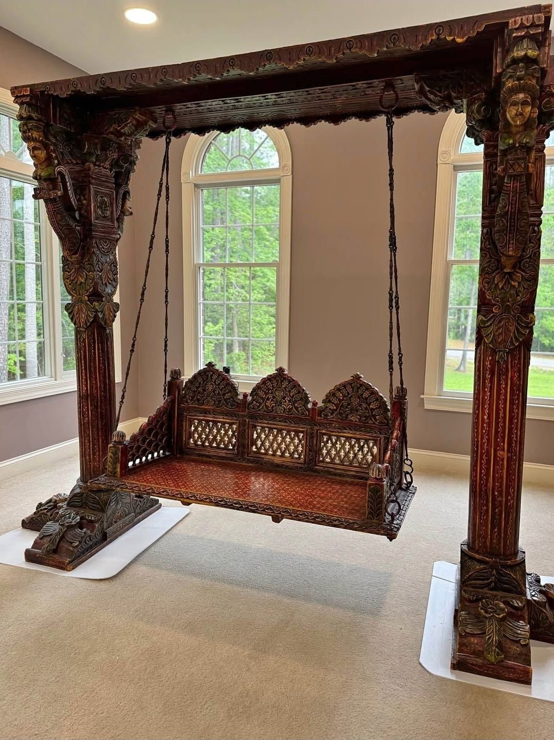 Hand-Carved Wooden Jhula in Royal Teak Finish | Premium Indoor Swing