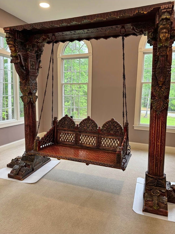 Hand-Carved Wooden Jhula in Royal Teak Finish | Premium Indoor Swing