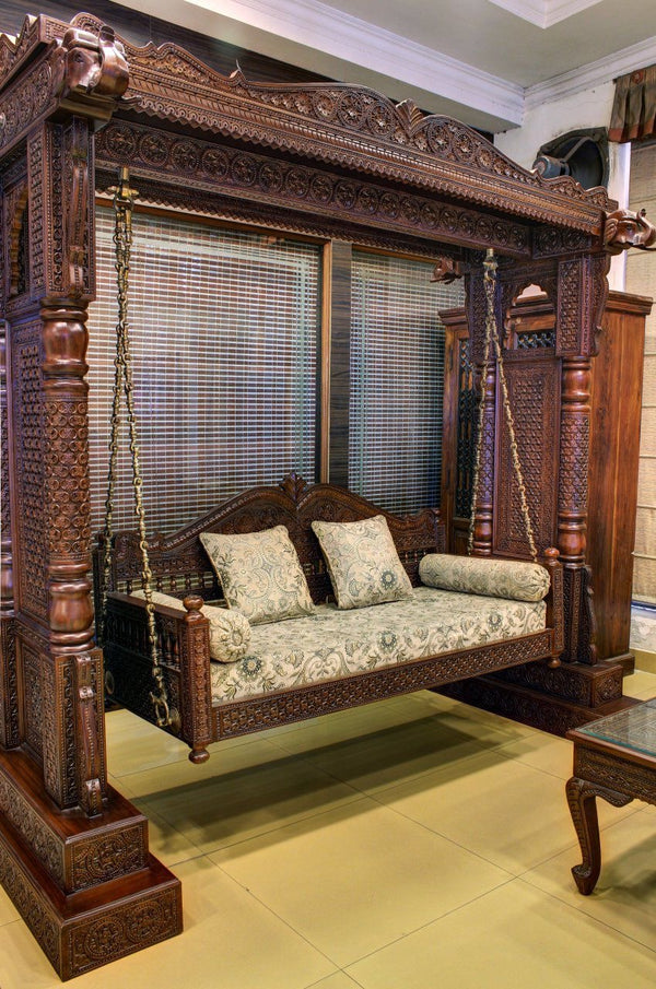 Royal Teak Finish Carved Wooden Jhula | Luxury Traditional Swing for Home