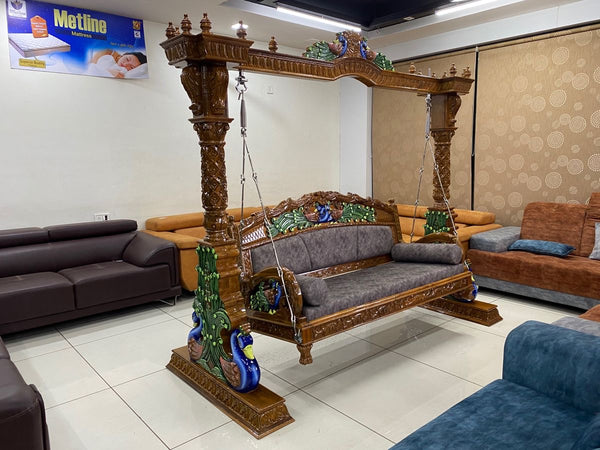 Premium Carved Wooden Jhula | Royal Teak Finish Traditional Home Swing