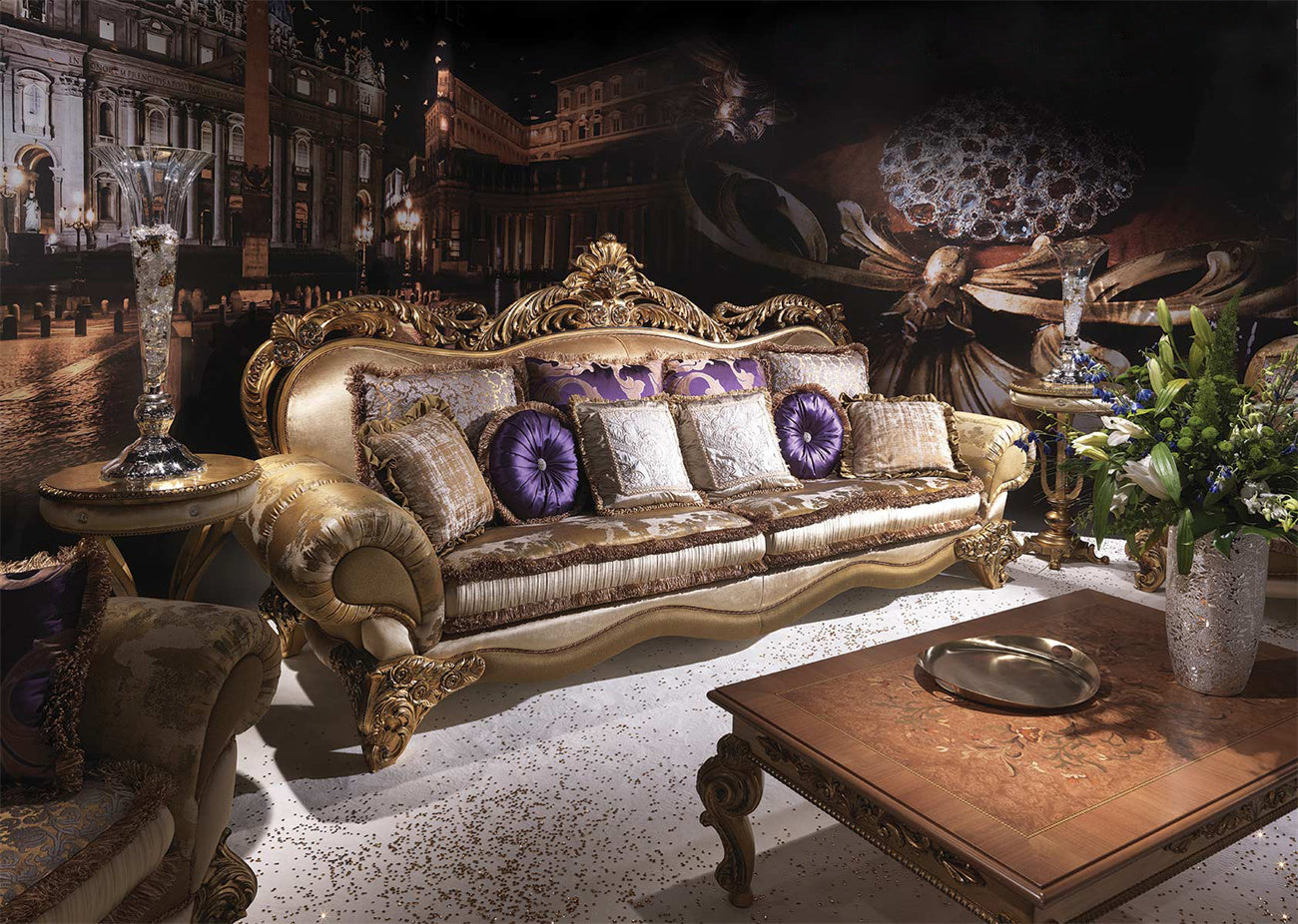 Ornate Hand-Carved Sofa Set with Upholstered Seating