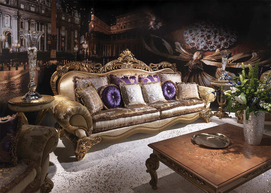 Ornate Hand-Carved Sofa Set with Upholstered Seating