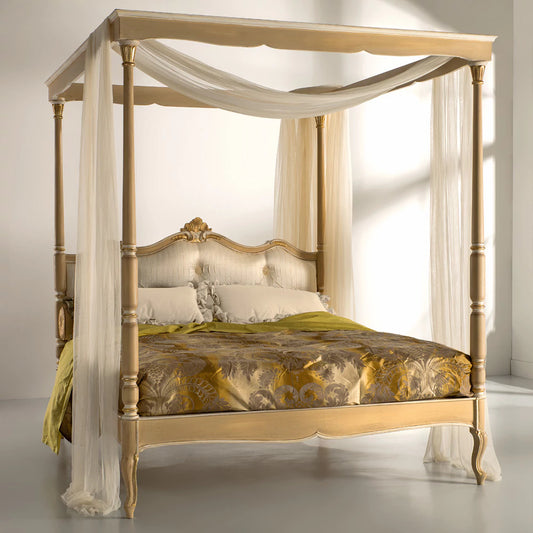 Four Poster Bed | Wooden Bed with Upholstered Headboard