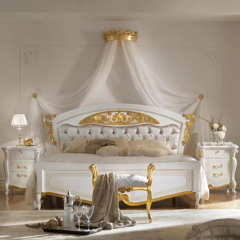 Royal Hand-Carved Wooden Bed with Tufted Comfort