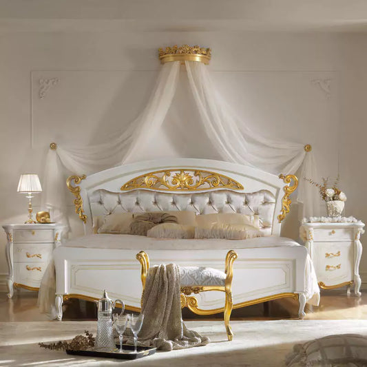 Royal Hand-Carved Wooden Bed with Tufted Comfort