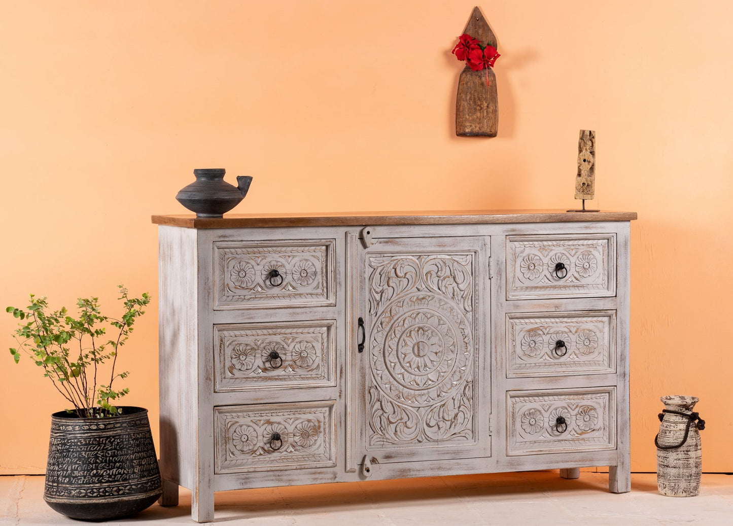 Premium Carved Wooden Storage Cabinet with Decorative Details