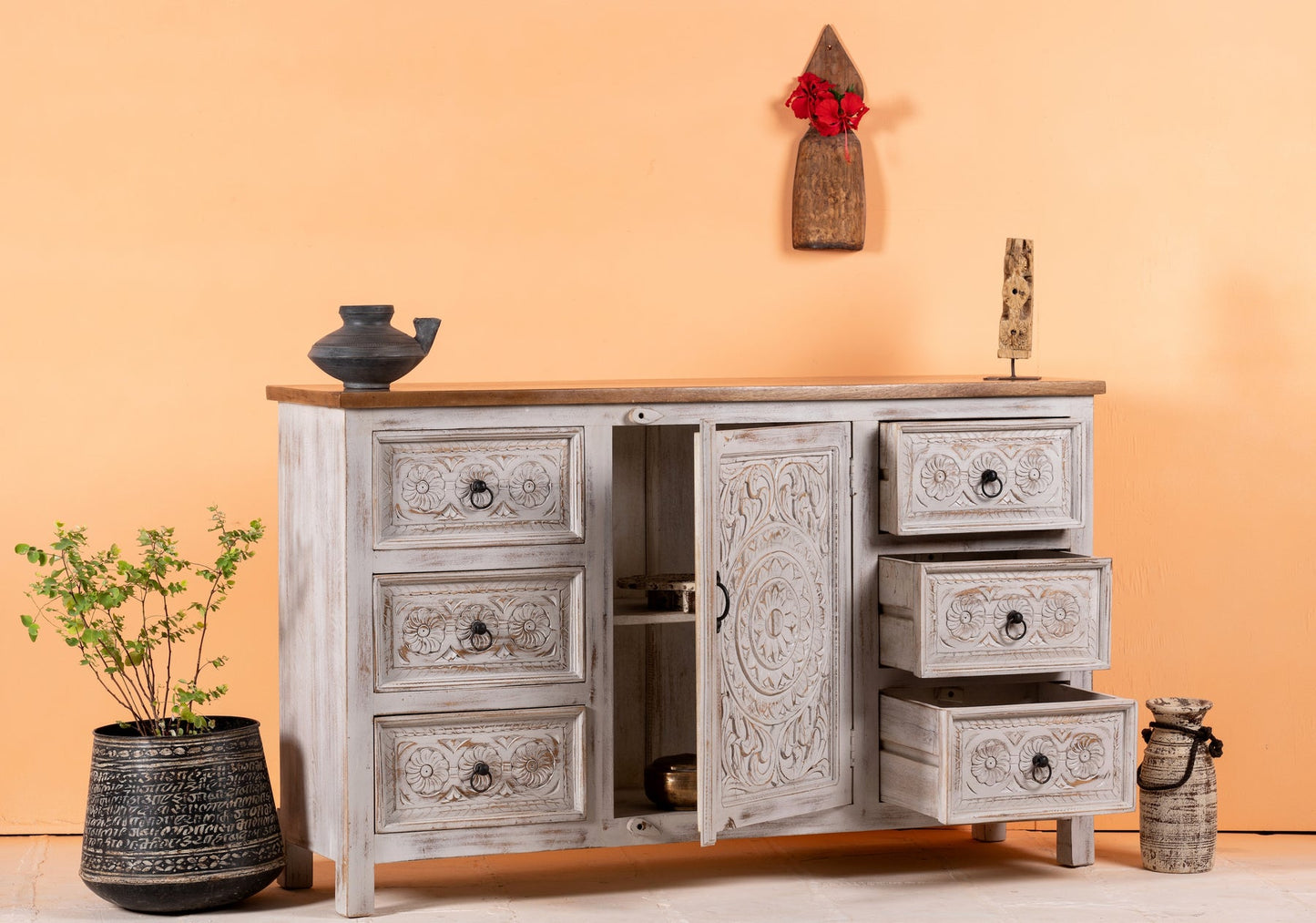 Premium Carved Wooden Storage Cabinet with Decorative Details