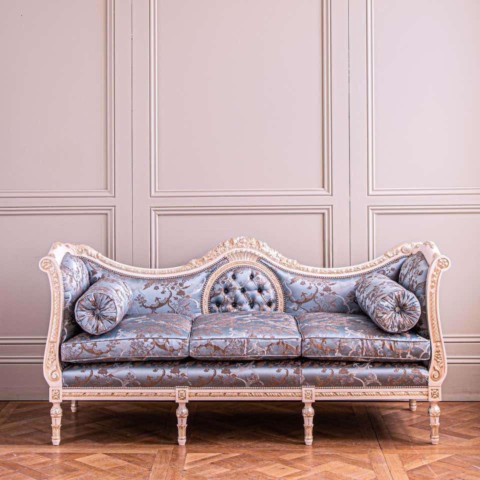 Luxury Handcrafted Carved Wooden Sofa with Upholstered Seating