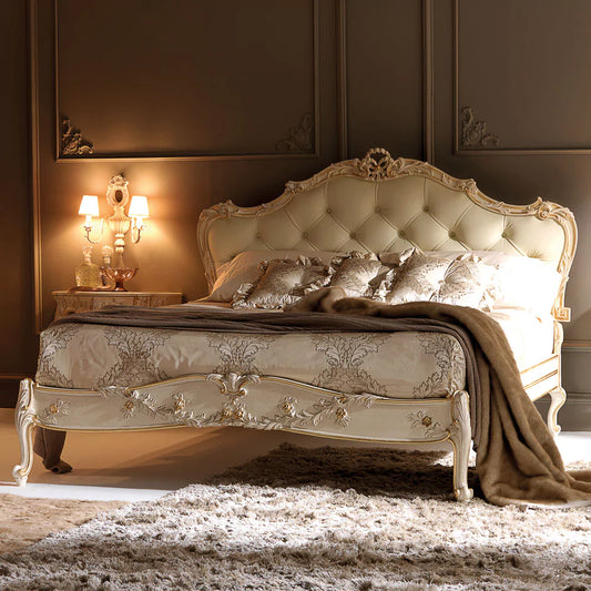 Ornate Luxury Bed with Hand-Carved Wooden Frame