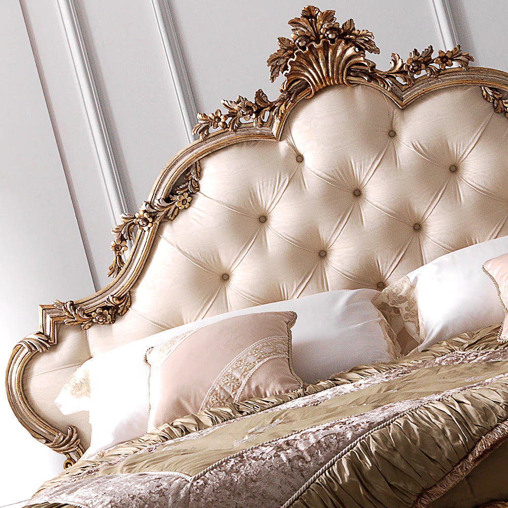 Elegant Handcrafted Carved Bed with Premium Upholstery