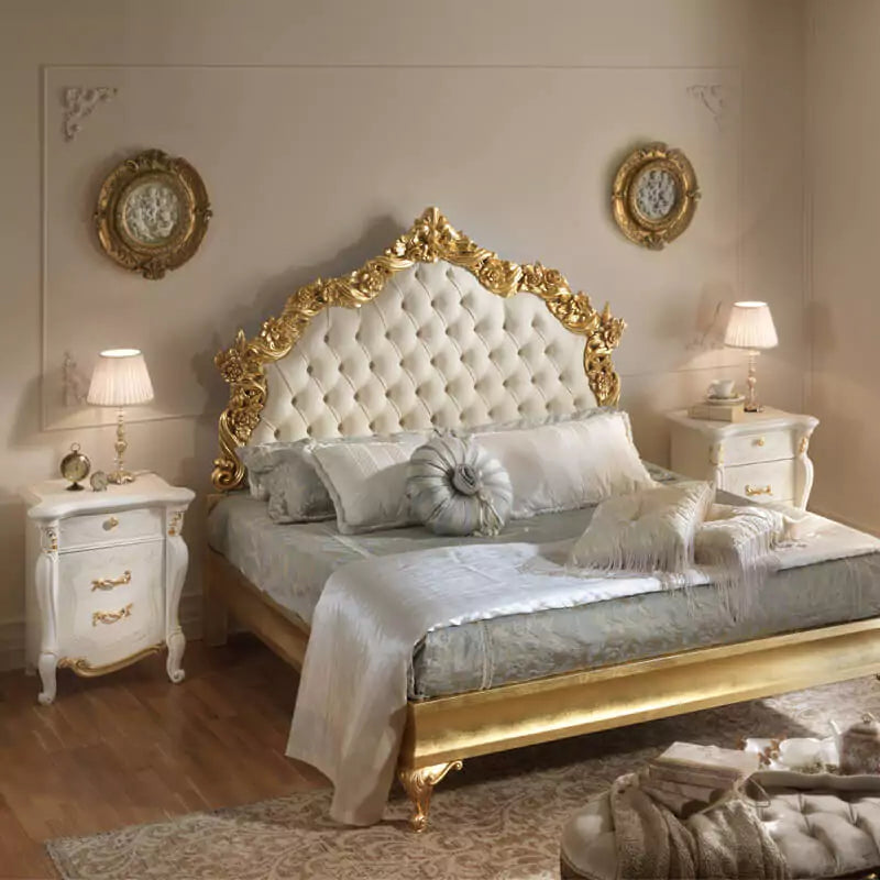 Royal Antique Carved Bed with Upholstered Touch