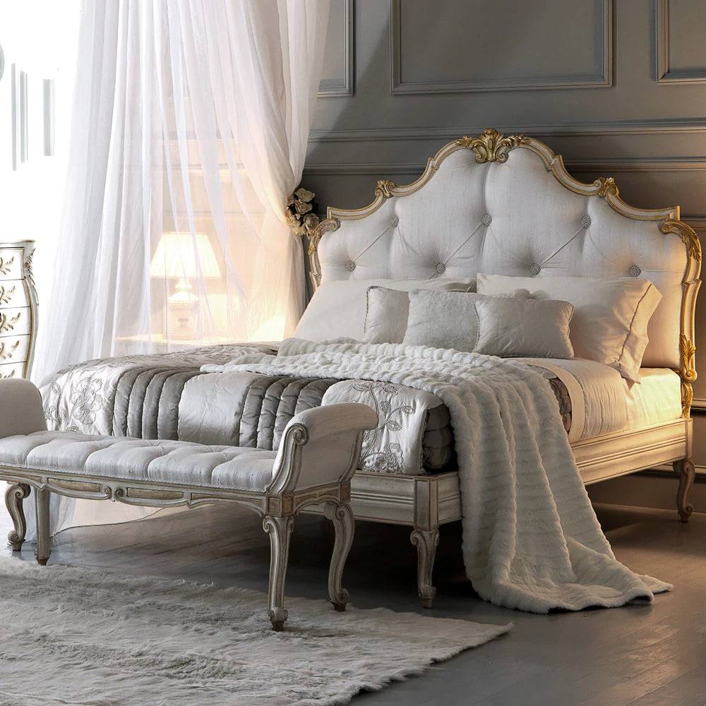 Luxury Designer Carved Wooden Bed with Tufted Headboard