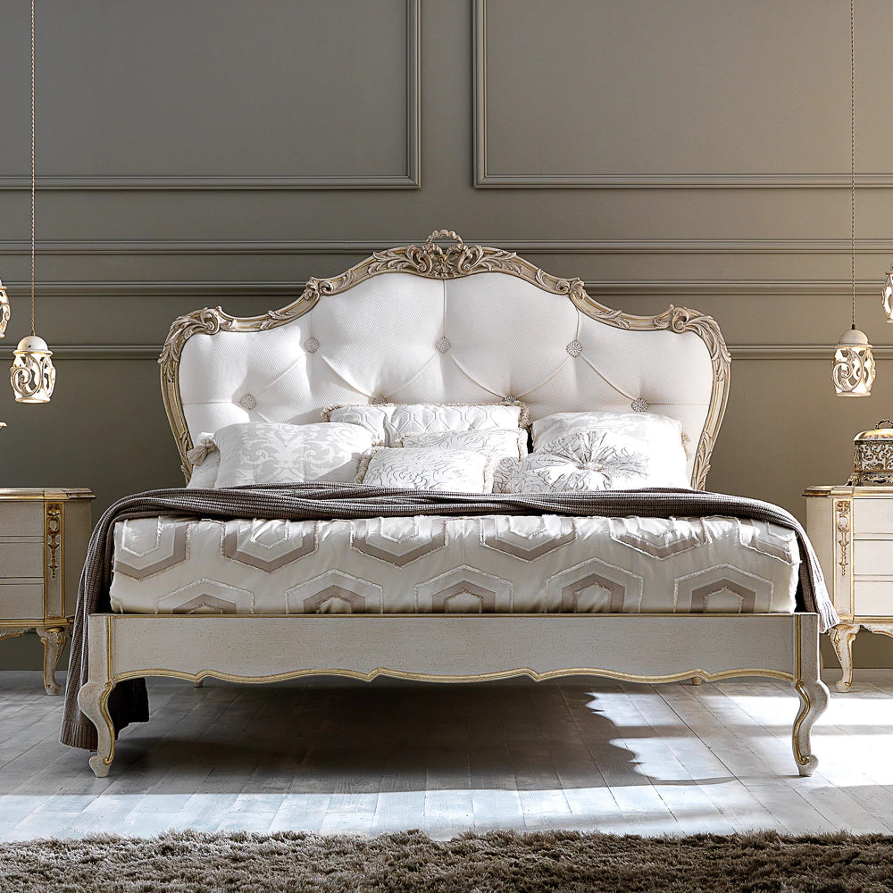 Luxury Designer Carved Wooden Bed with Tufted Headboard