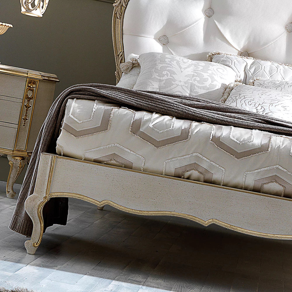 Luxury Designer Carved Wooden Bed with Tufted Headboard