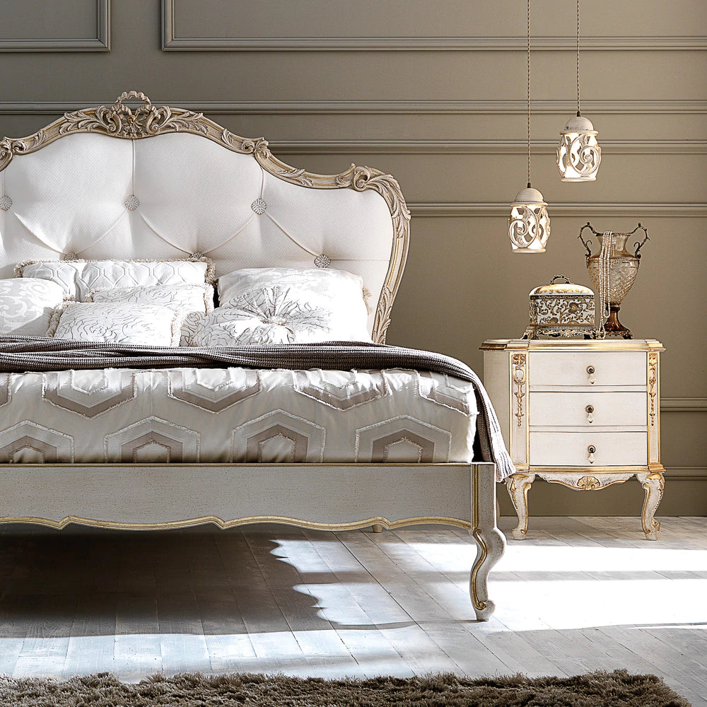 Luxury Designer Carved Wooden Bed with Tufted Headboard
