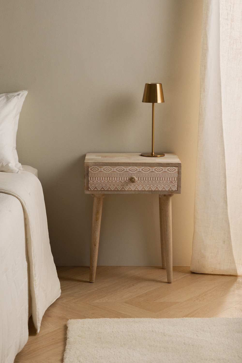 Designer Carved Wooden Bedside Table with Antique Finish