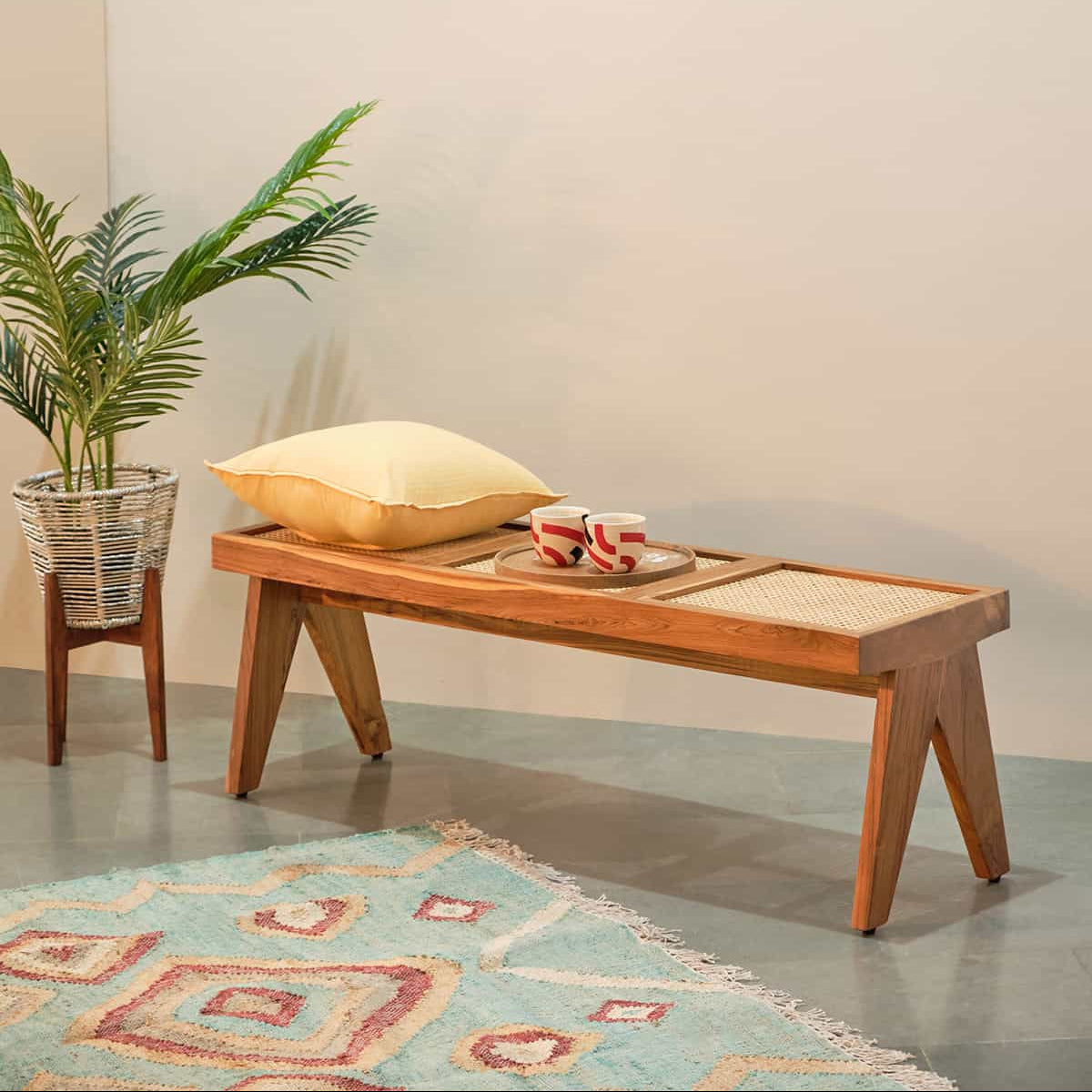 Wooden Woven Cane Bench for Bedroom & Hallway