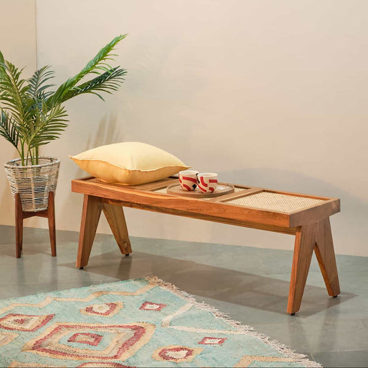 Wooden Woven Cane Bench for Bedroom & Hallway