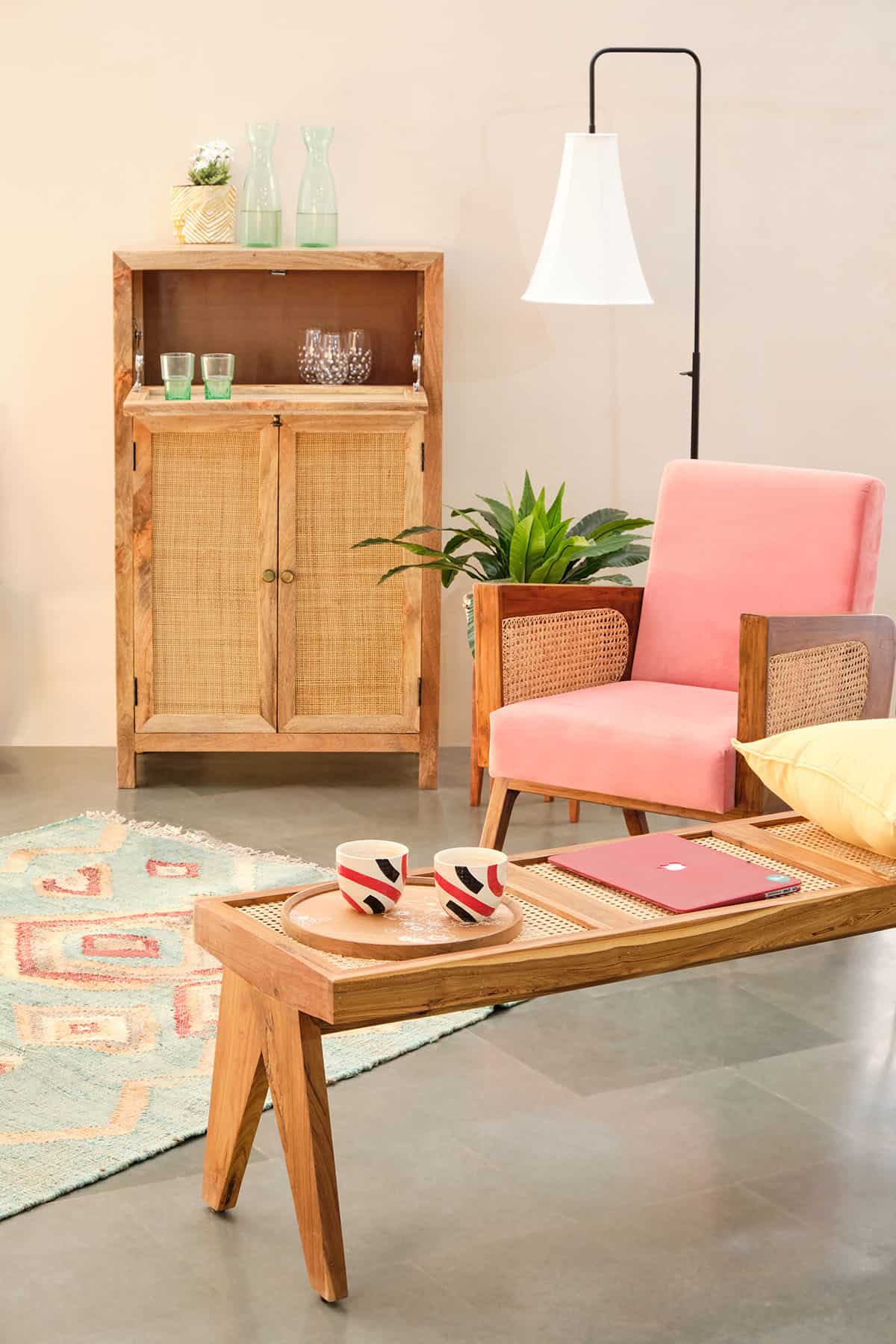 Wooden Woven Cane Bench for Bedroom & Hallway