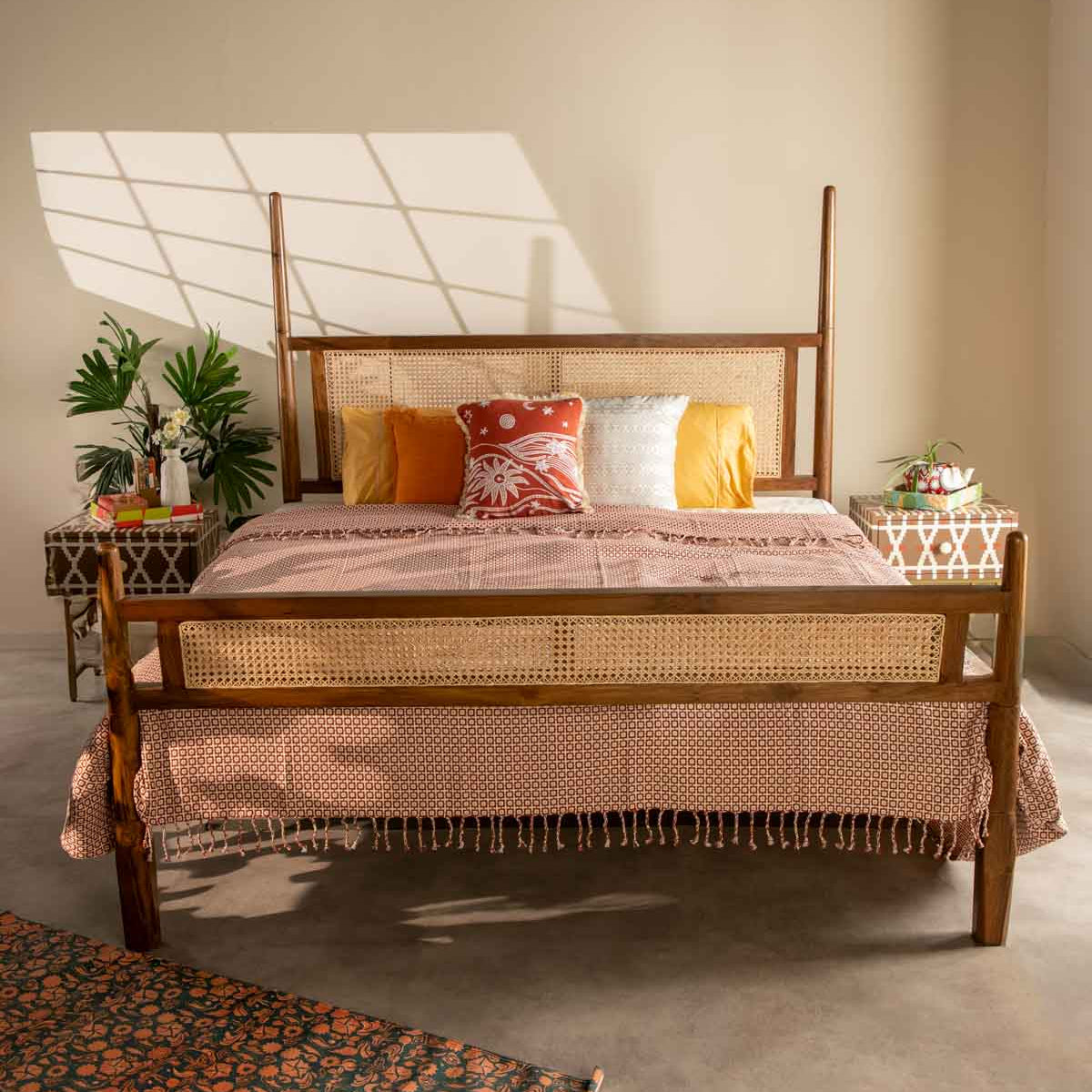 Premium Solid Wood Bed with Rattan Detailing