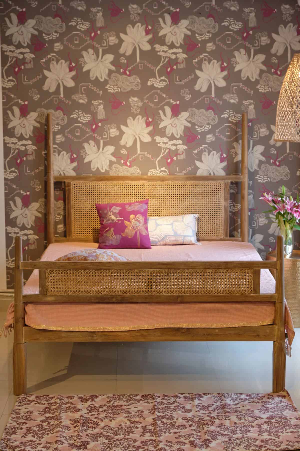 Premium Solid Wood Bed with Rattan Detailing
