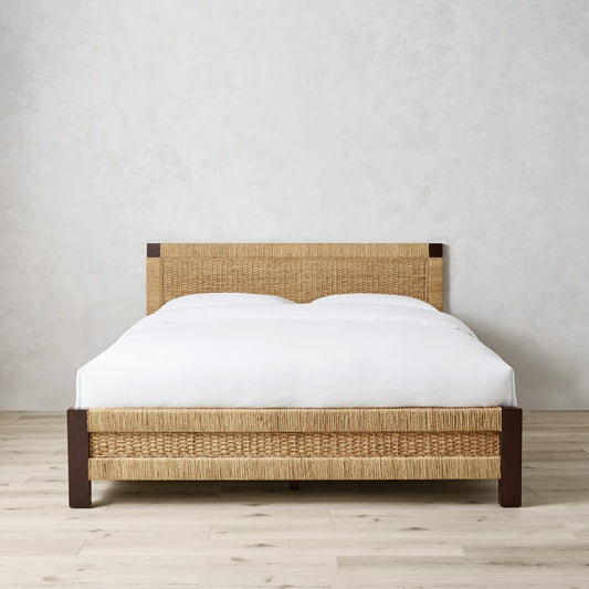Minimal Wooden Rattan Bed with Handwoven Cane Design
