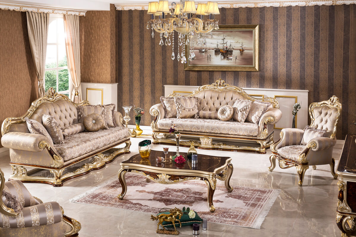 Royal Wooden Sofa Set with Upholstered Carved Frames