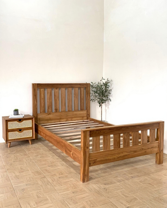 Solid Wood Rattan Bed Frame – Vintage Boho Style