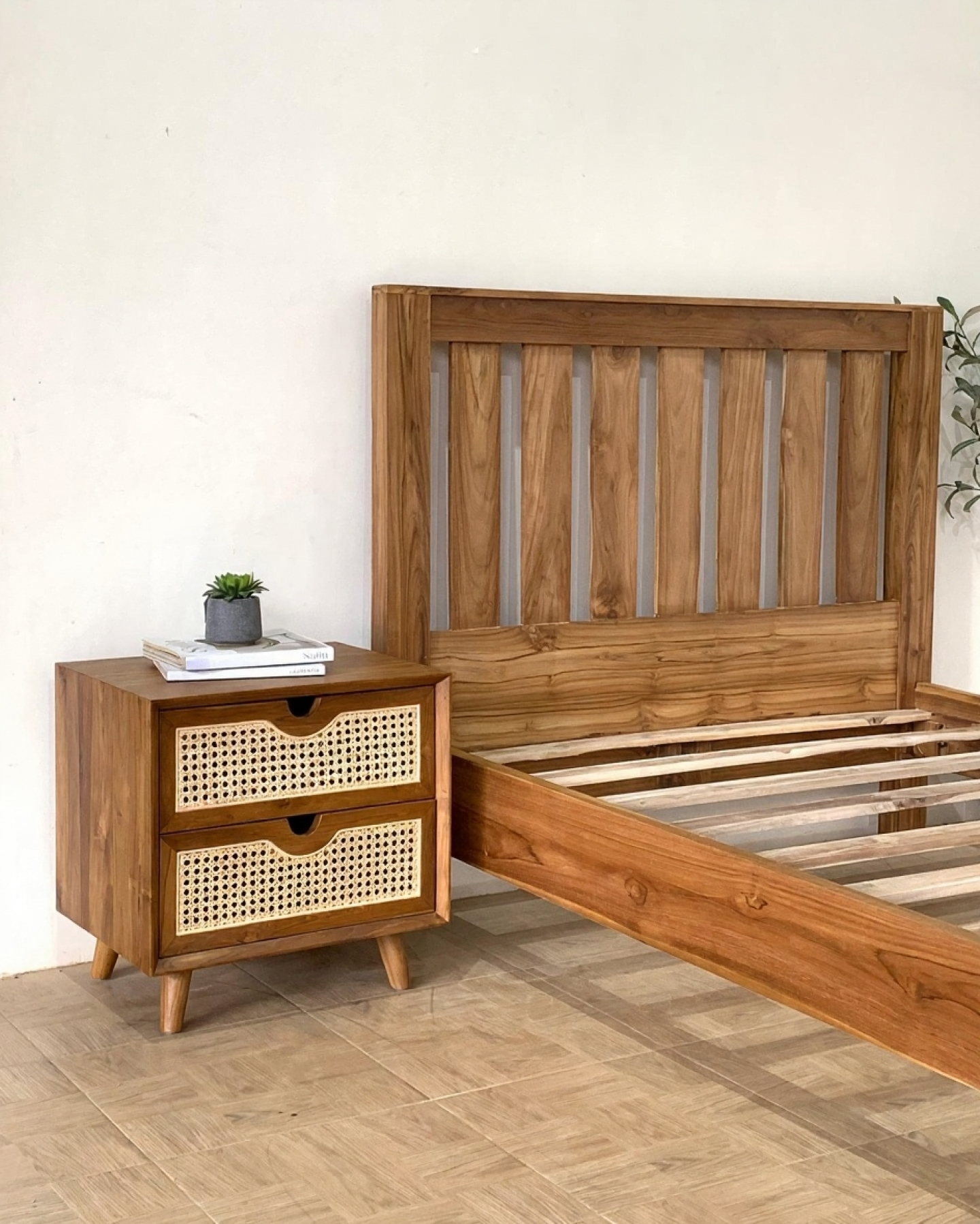 Solid Wood Rattan Bed Frame – Vintage Boho Style