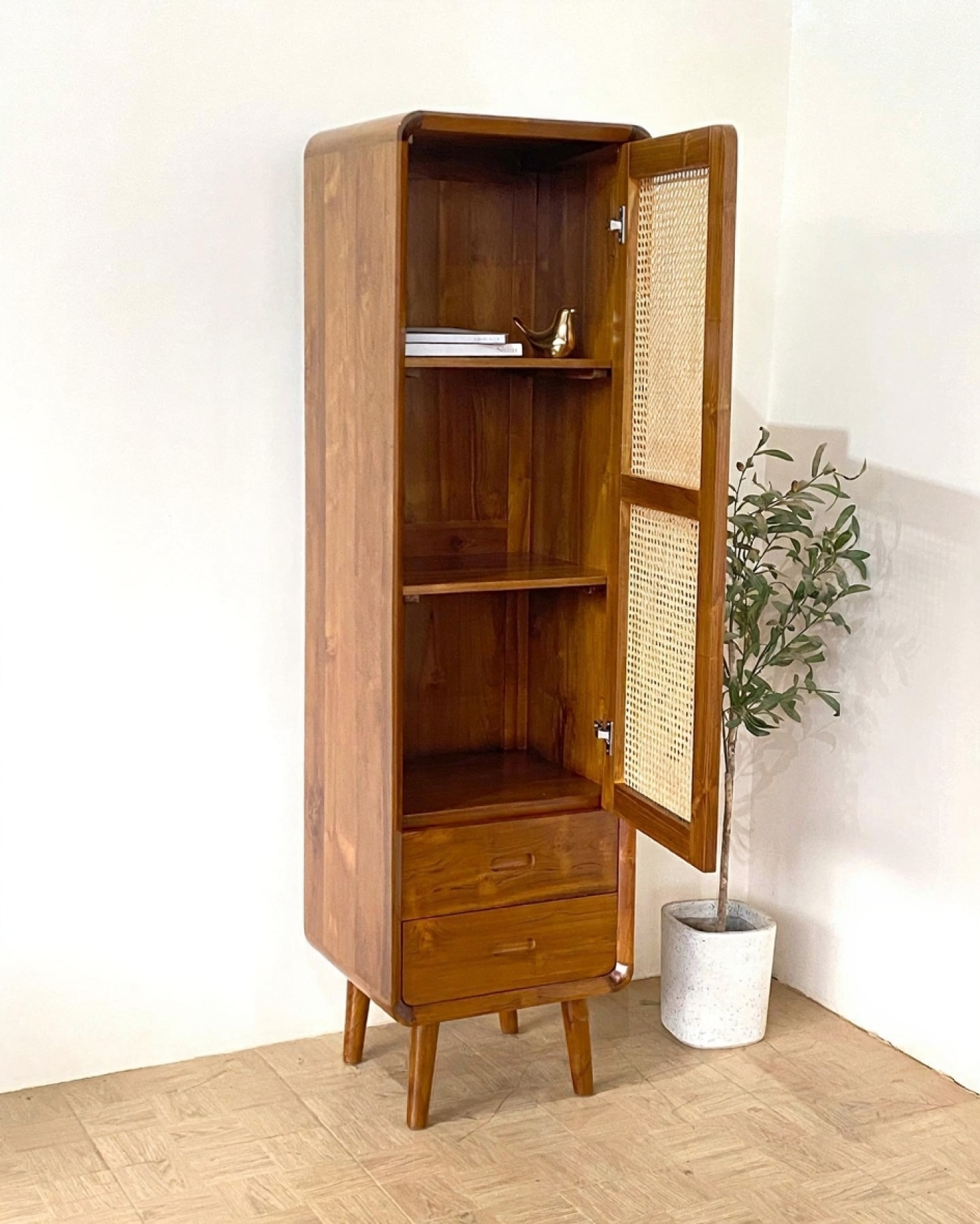 Solid Wood Cane Front Wardrobe – Designer Storage for Home