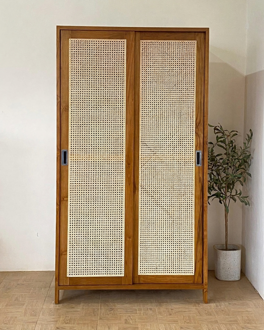 Handcrafted Wooden Closet with Natural Cane Doors