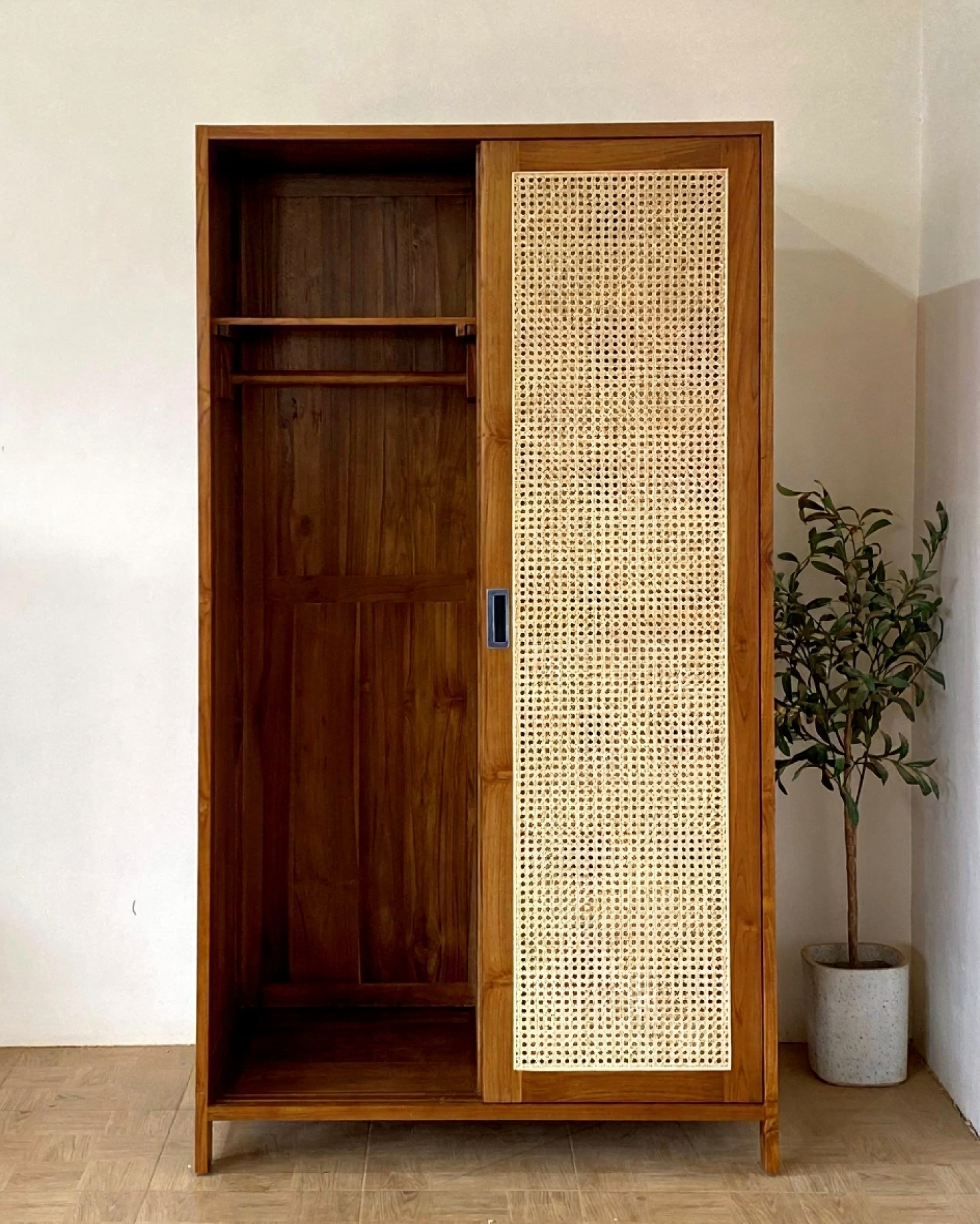 Handcrafted Wooden Closet with Natural Cane Doors