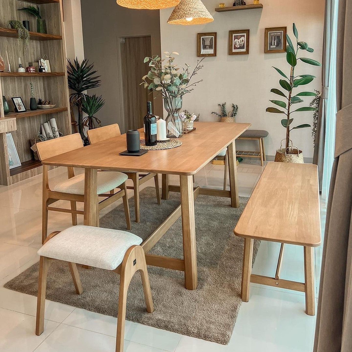 Natural Finish Dining Table Set with Stylish Curved-Back Chairs