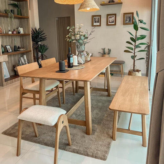 Natural Finish Dining Table Set with Stylish Curved-Back Chairs